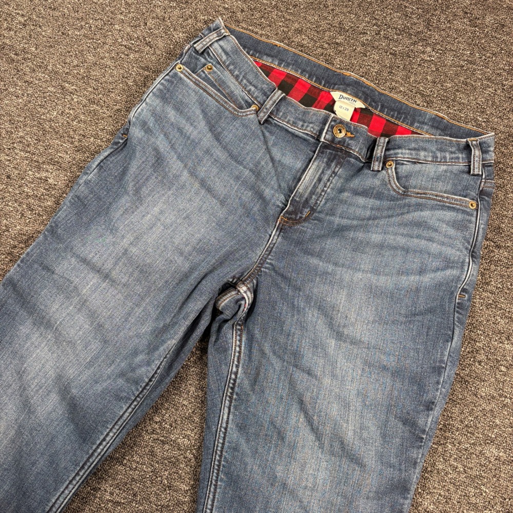 Duluth Flannel Lined Jeans Womens 12x29 (23.5) Blue Buffalo Plaid Straight Leg